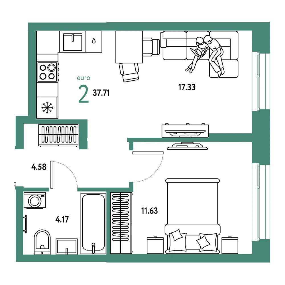 Планировка: Европейский берег 2.0 2-комнатная 37,71м²