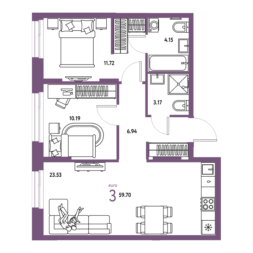 Планировка: Европейский берег 2.0 3-комнатная 59,70м²