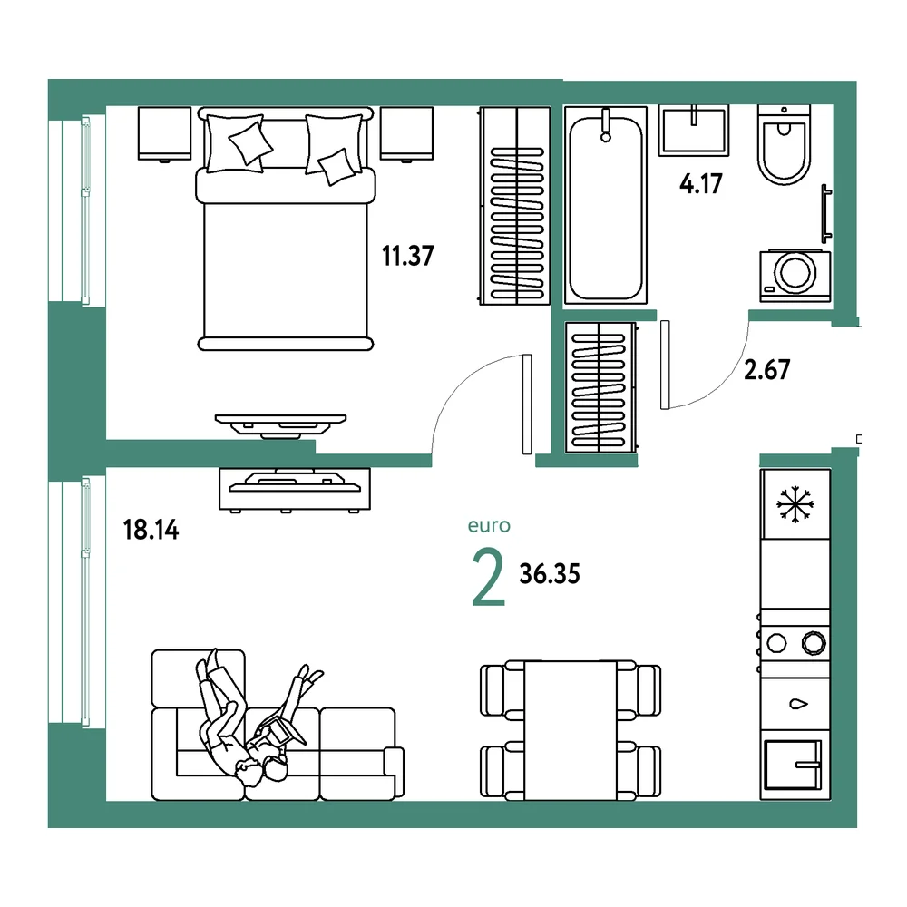 Планировка: Европейский берег 2.0 2-комнатная 36,35м²