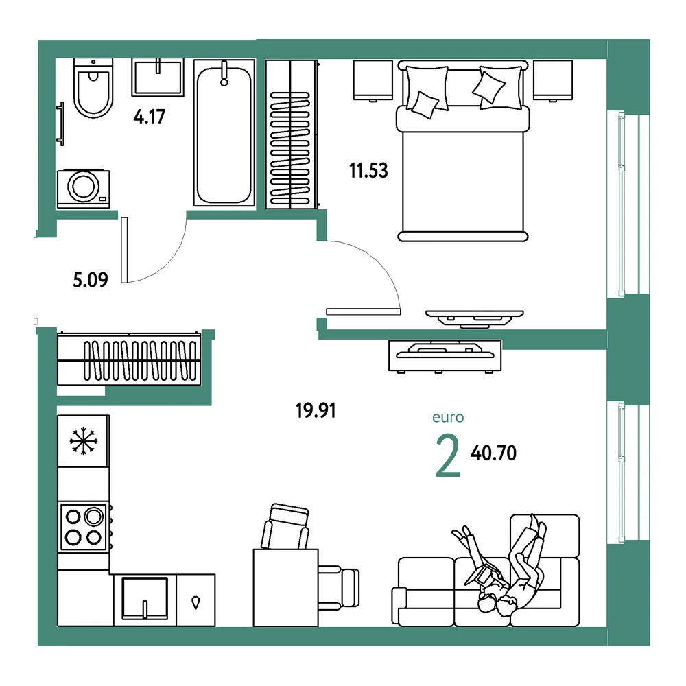 Планировка: Европейский берег 2.0 2-комнатная 40,70м²
