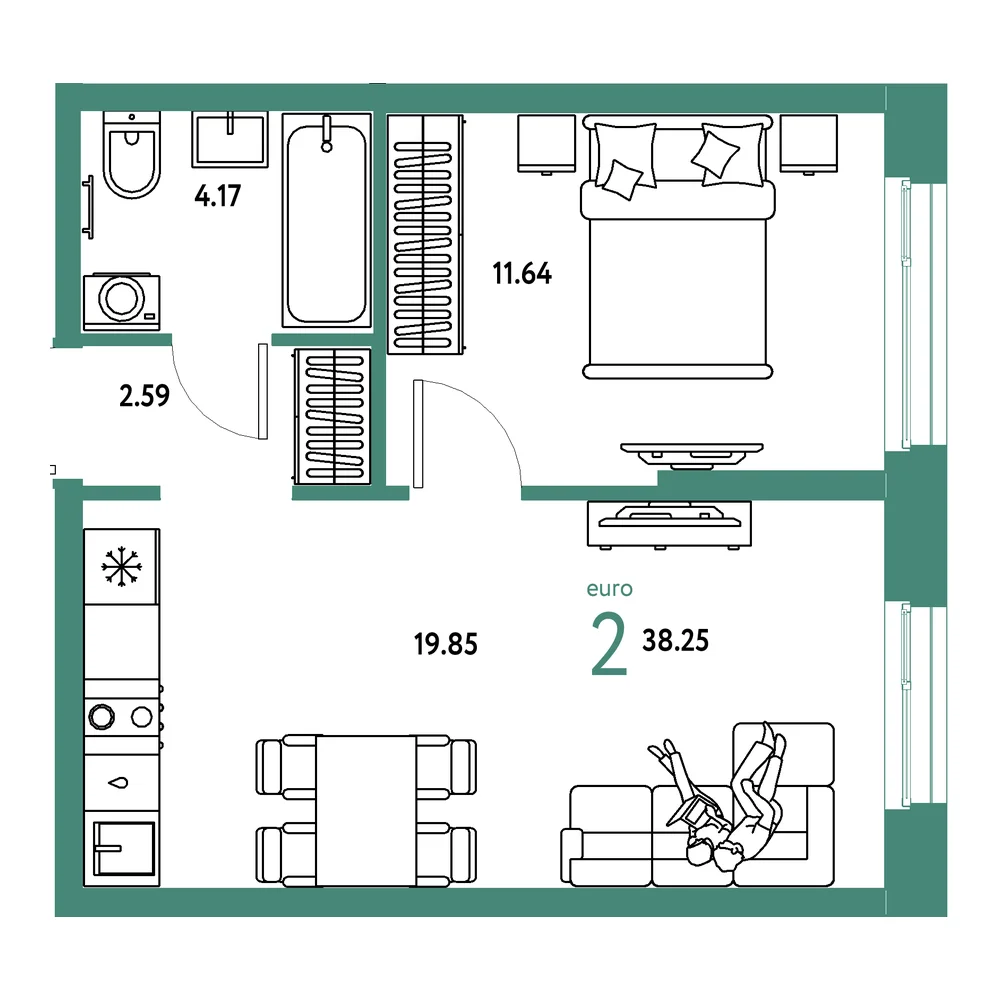 Планировка: Европейский берег 2.0 2-комнатная 38,25м²