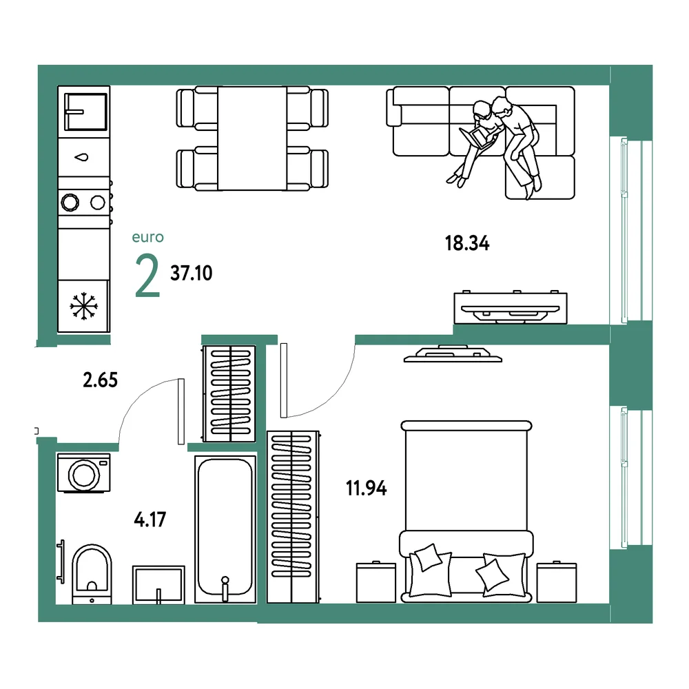 Планировка: Европейский берег 2.0 2-комнатная 37,10м²