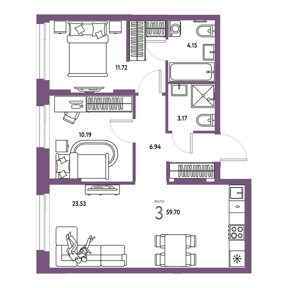 Планировка: Европейский берег 2.0 3-комнатная 59,70м²