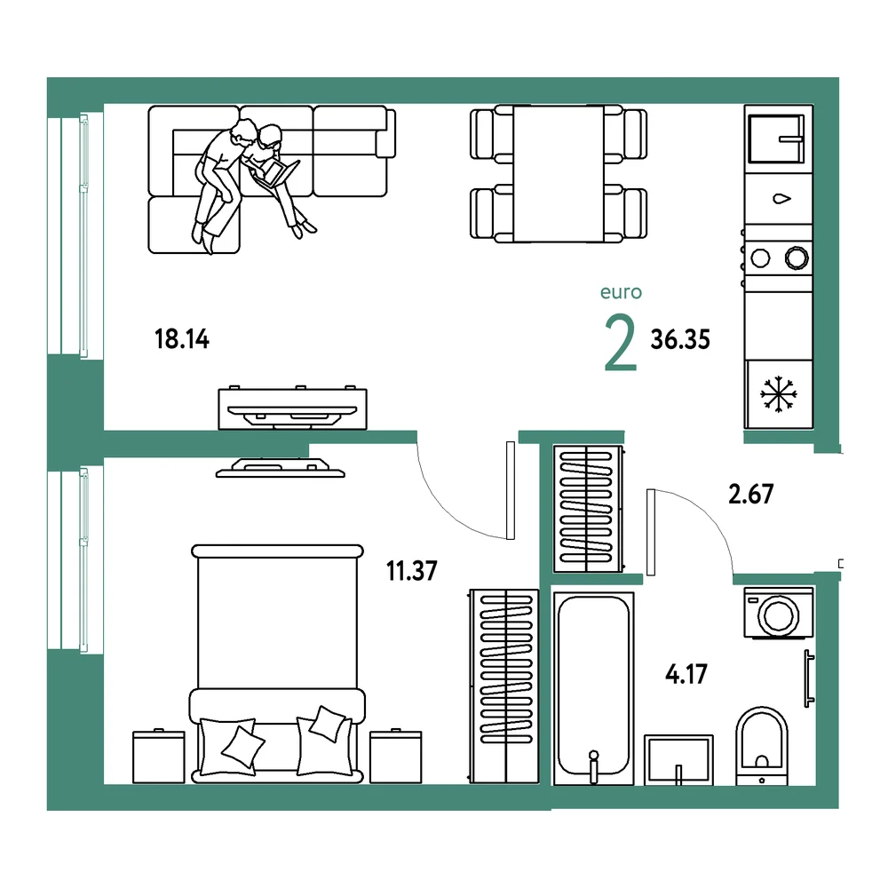 Планировка: Европейский берег 2.0 2-комнатная 36,35м²