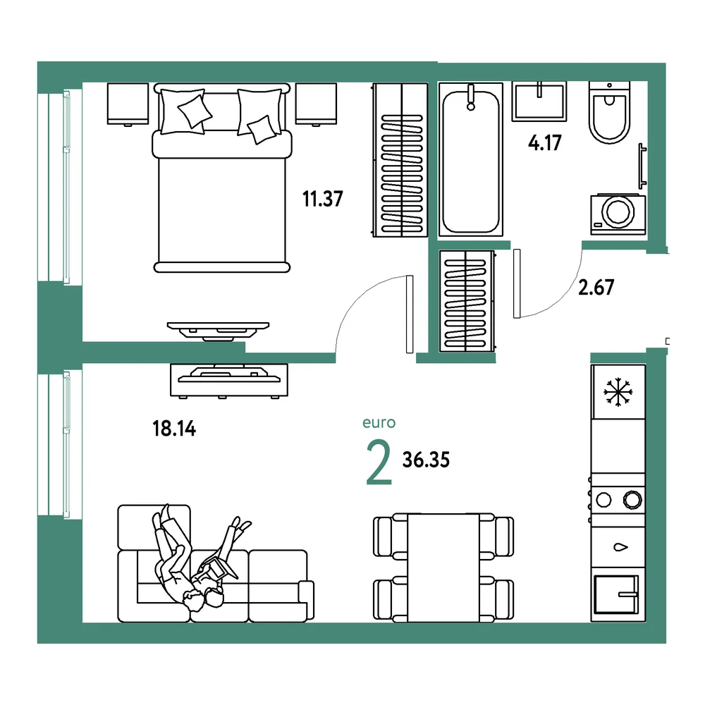 Планировка: Европейский берег 2.0 2-комнатная 36,35м²