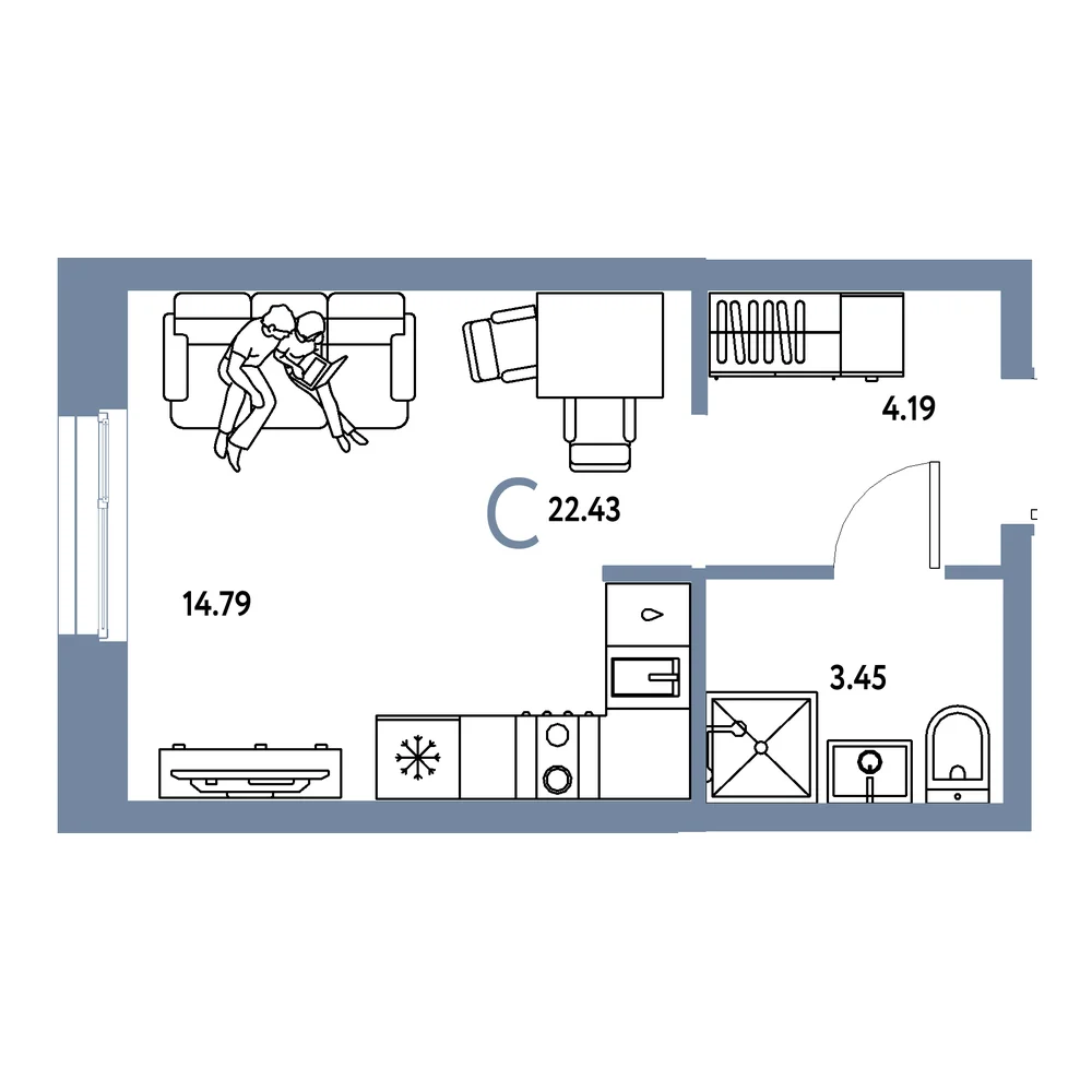 Планировка: Европейский берег 2.0 Студия 22,43м²