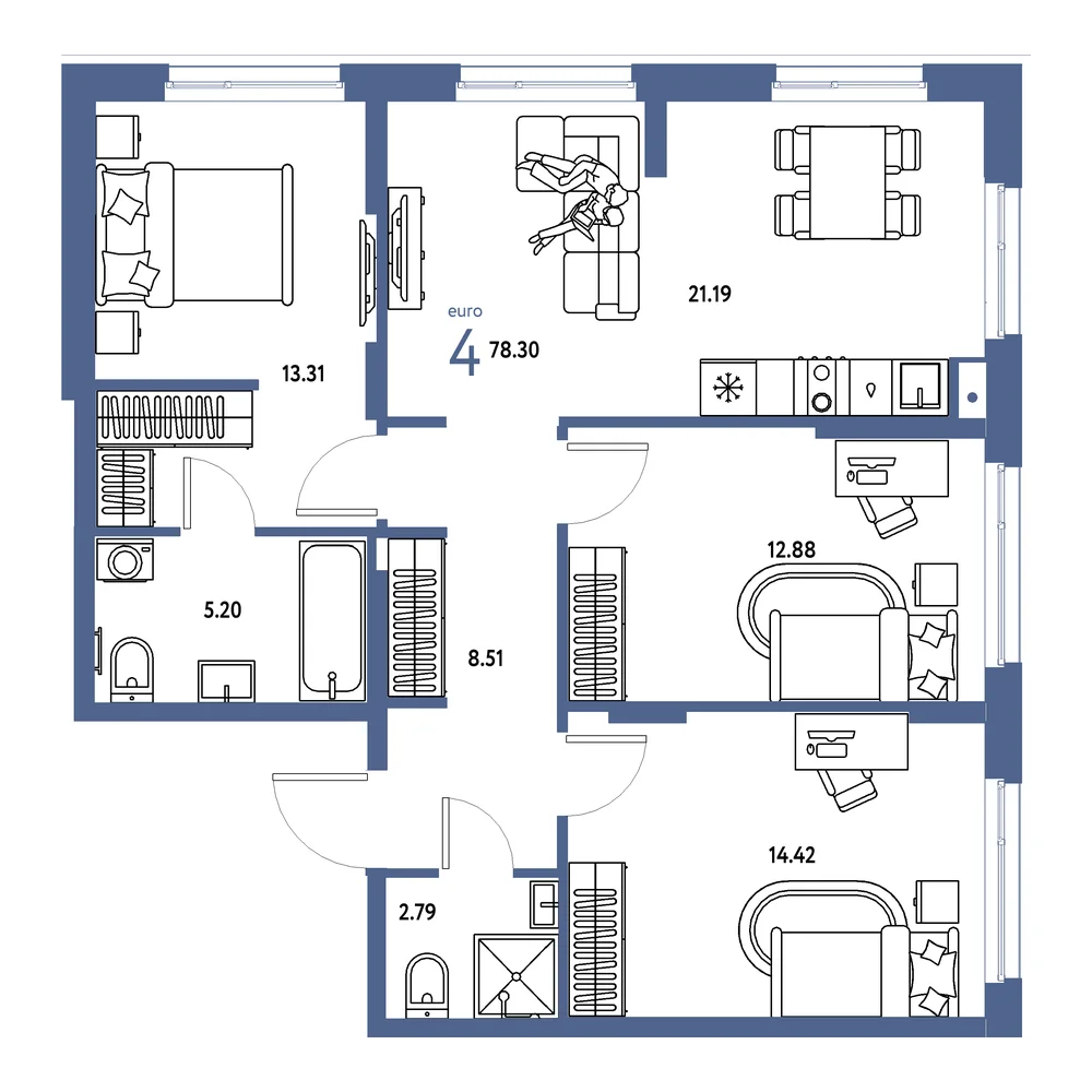 Планировка: Европейский берег 2.0 4-комнатная 78,30м²