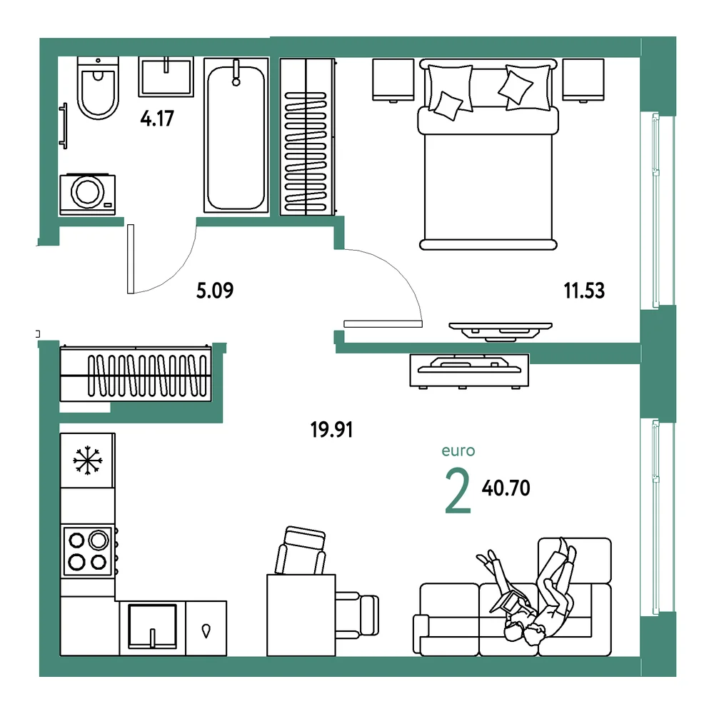 Планировка: Европейский берег 2.0 2-комнатная 40,70м²