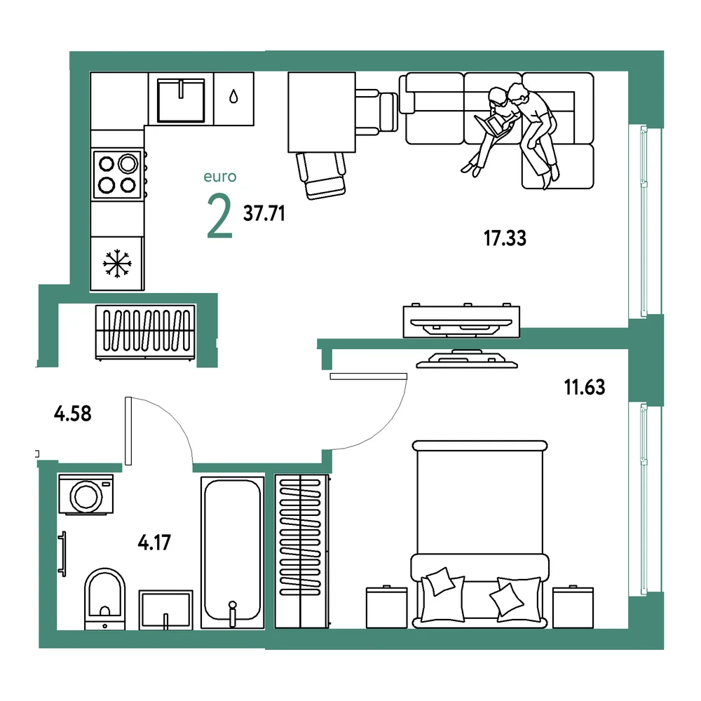 Планировка: Европейский берег 2.0 2-комнатная 37,71м²