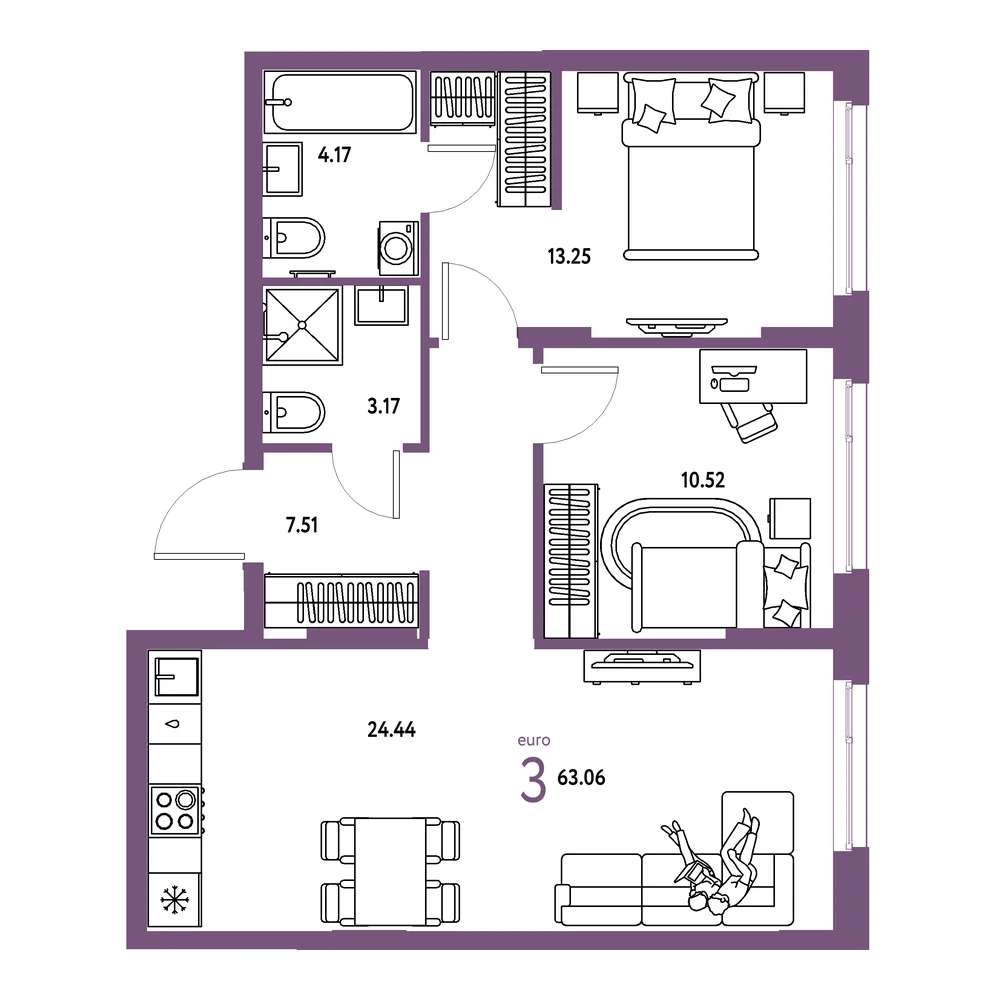 Планировка: Европейский берег 2.0 3-комнатная 63,06м²