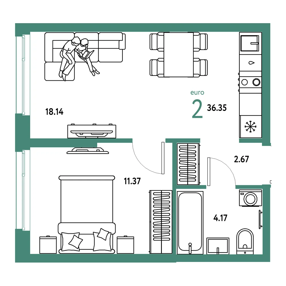 Планировка: Европейский берег 2.0 2-комнатная 36,35м²