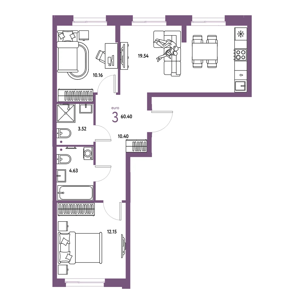 Планировка: Европейский берег 2.0 3-комнатная 60,40м²