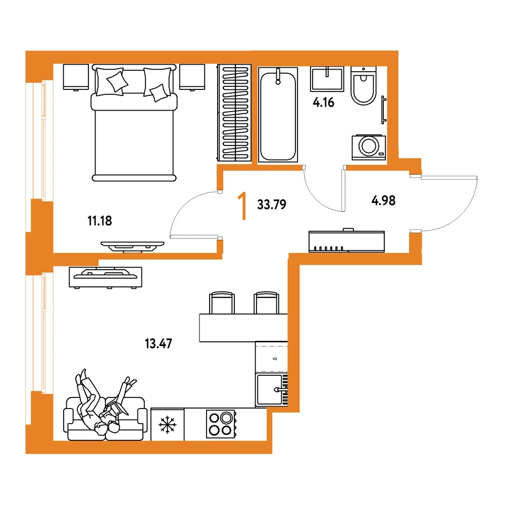 Планировка: Европейский берег 2.0 1-комнатная 33,79м²
