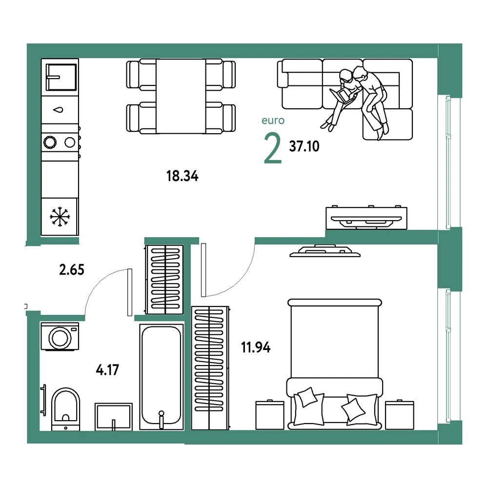 Планировка: Европейский берег 2.0 2-комнатная 37,10м²