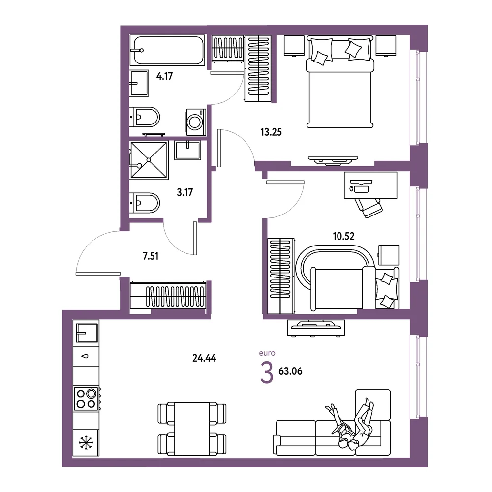 Планировка: Европейский берег 2.0 3-комнатная 63,06м²
