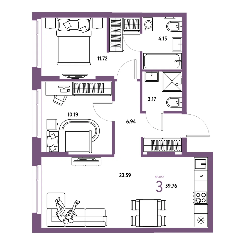 Планировка: Европейский берег 2.0 3-комнатная 59,76м²