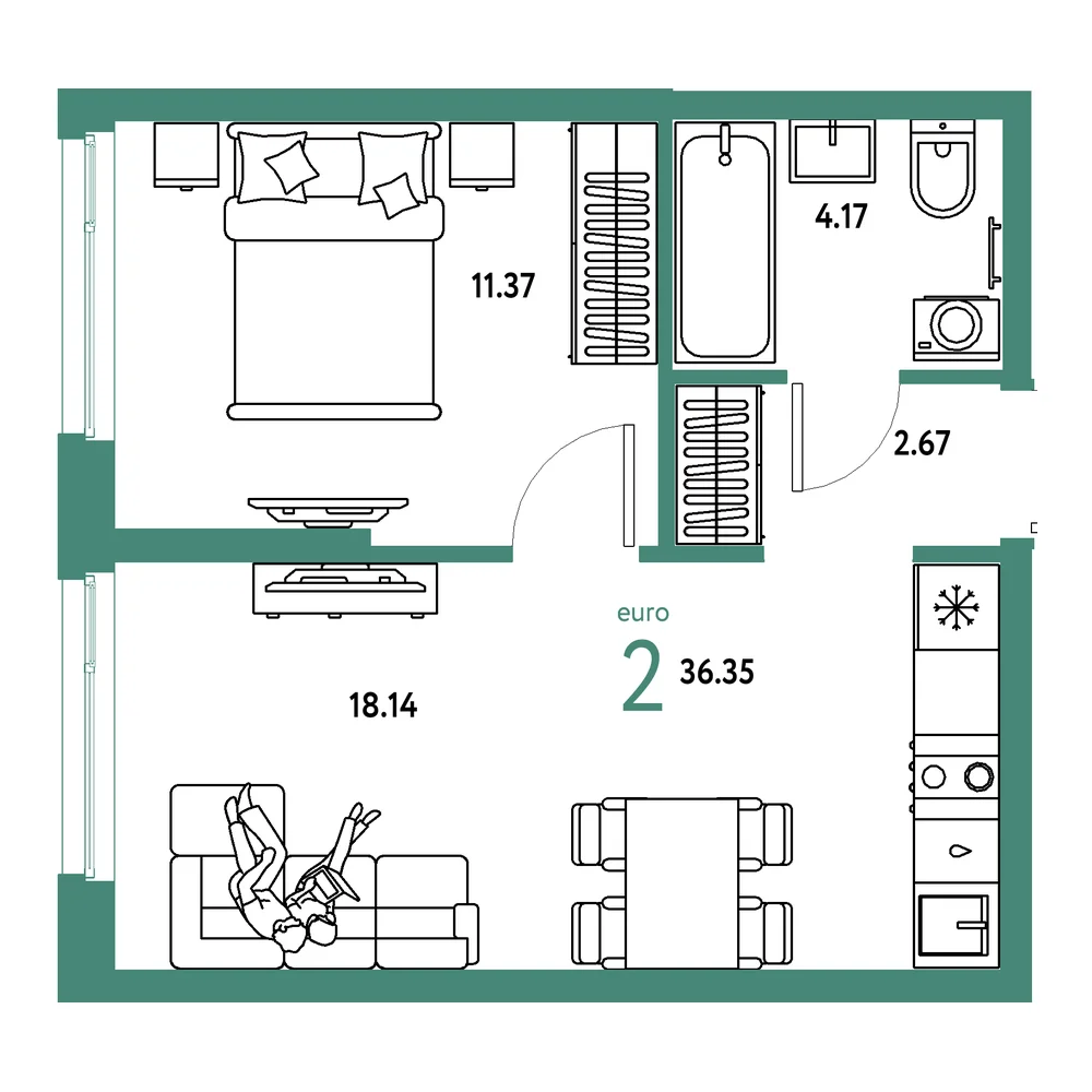 Планировка: Европейский берег 2.0 2-комнатная 36,35м²