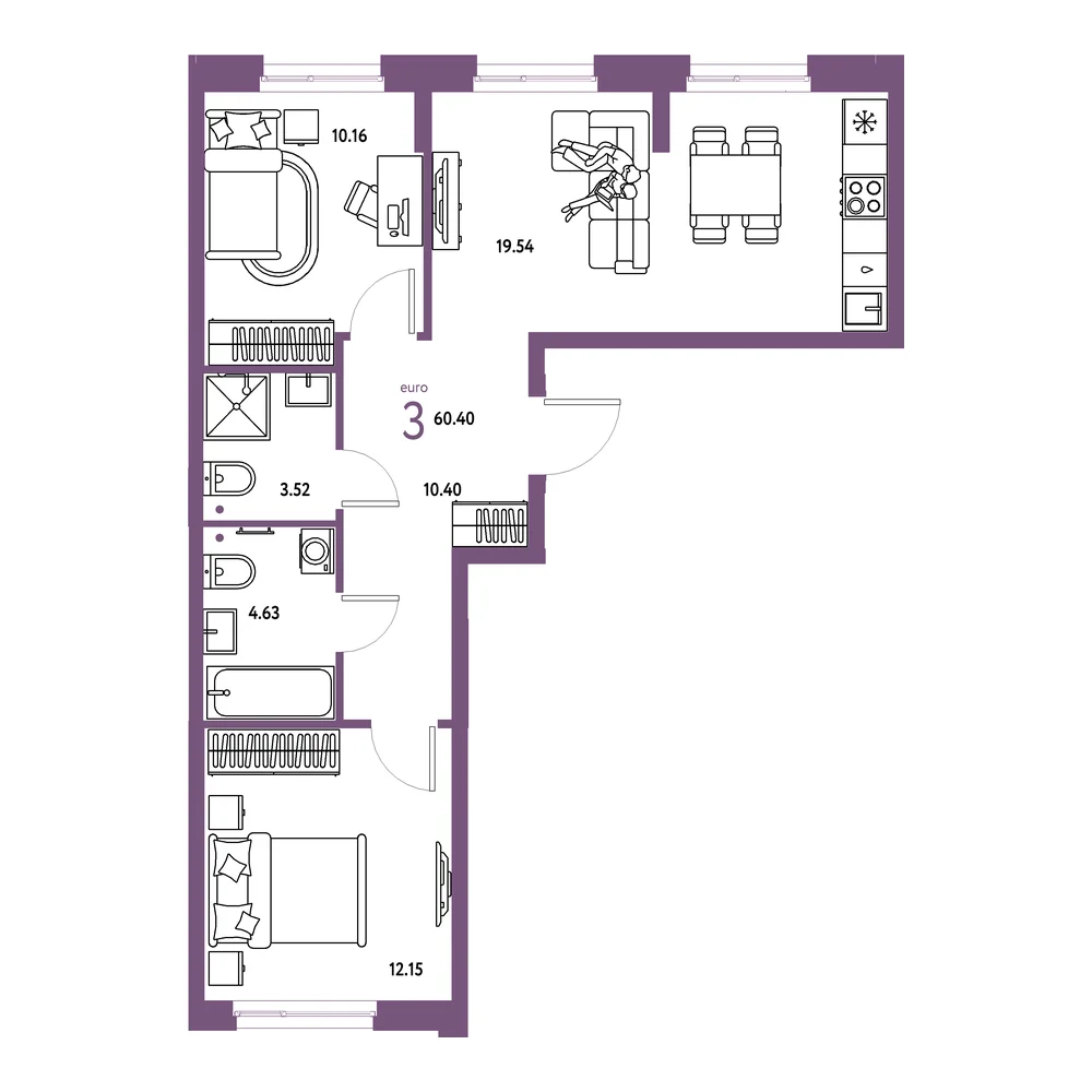 Планировка: Европейский берег 2.0 3-комнатная 60,40м²