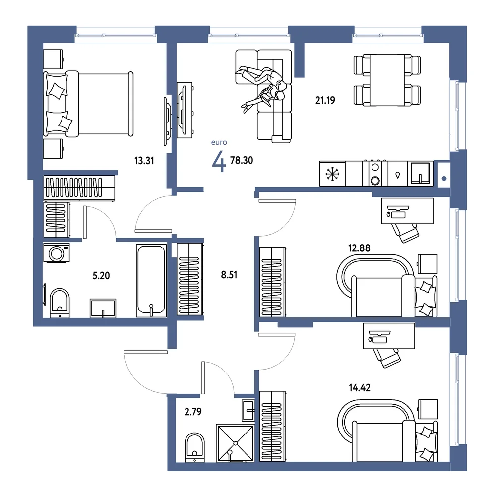 Планировка: Европейский берег 2.0 4-комнатная 78,30м²