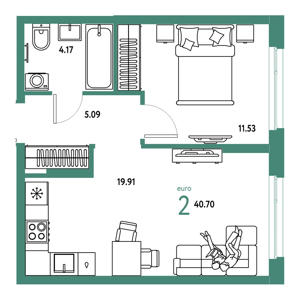 Планировка: Европейский берег 2.0 2-комнатная 40,70м²