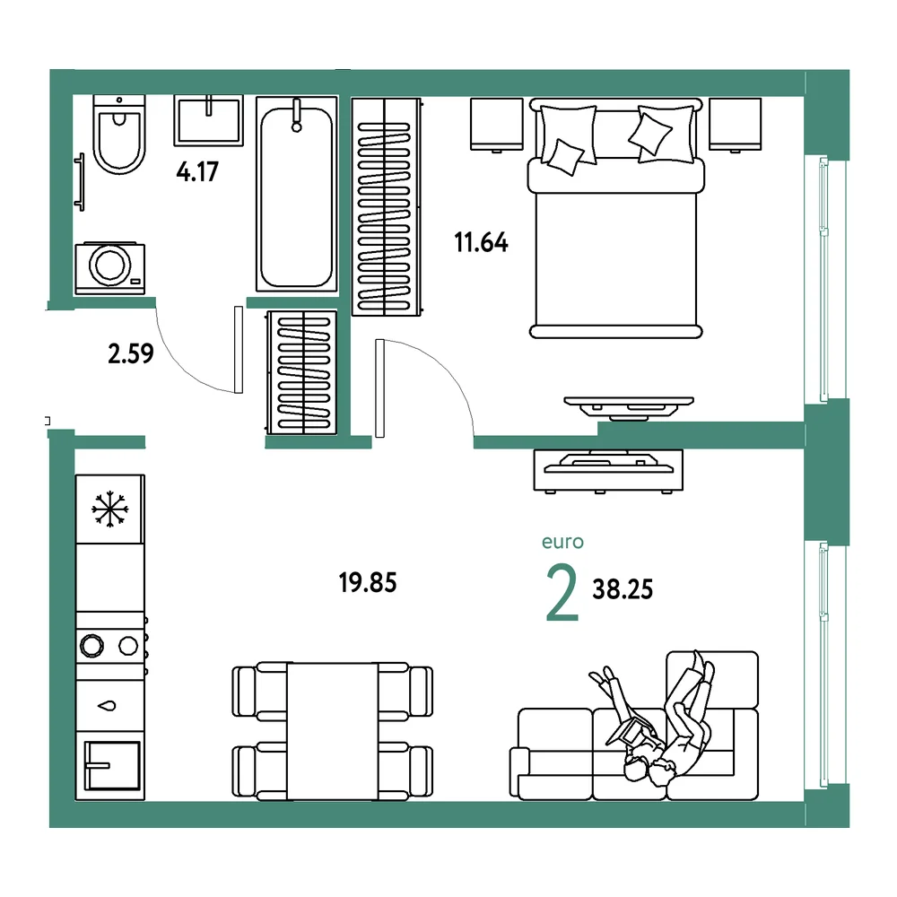 Планировка: Европейский берег 2.0 2-комнатная 38,25м²