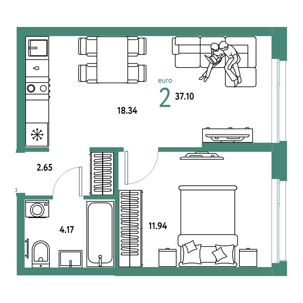 Планировка: Европейский берег 2.0 2-комнатная 37,10м²