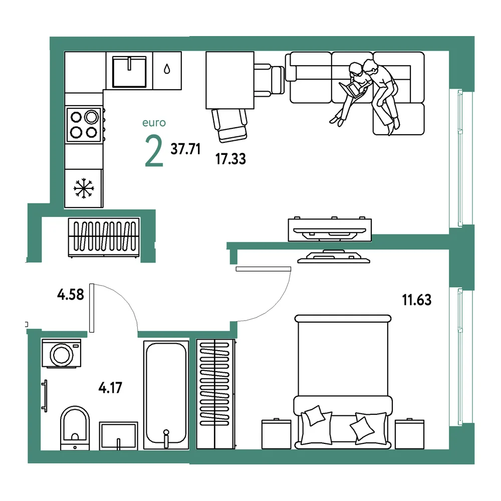 Планировка: Европейский берег 2.0 2-комнатная 37,71м²