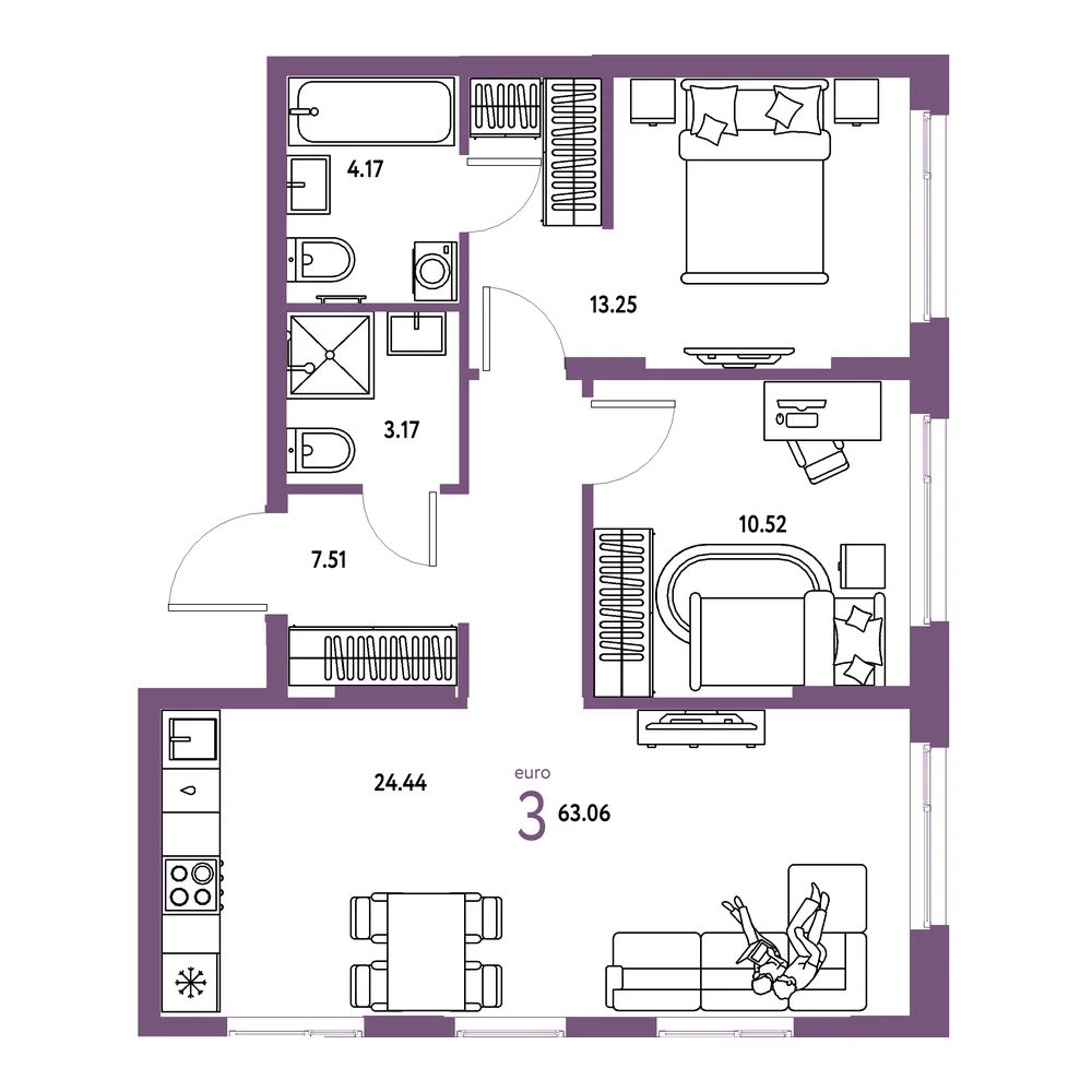 Планировка: Европейский берег 2.0 3-комнатная 63,06м²