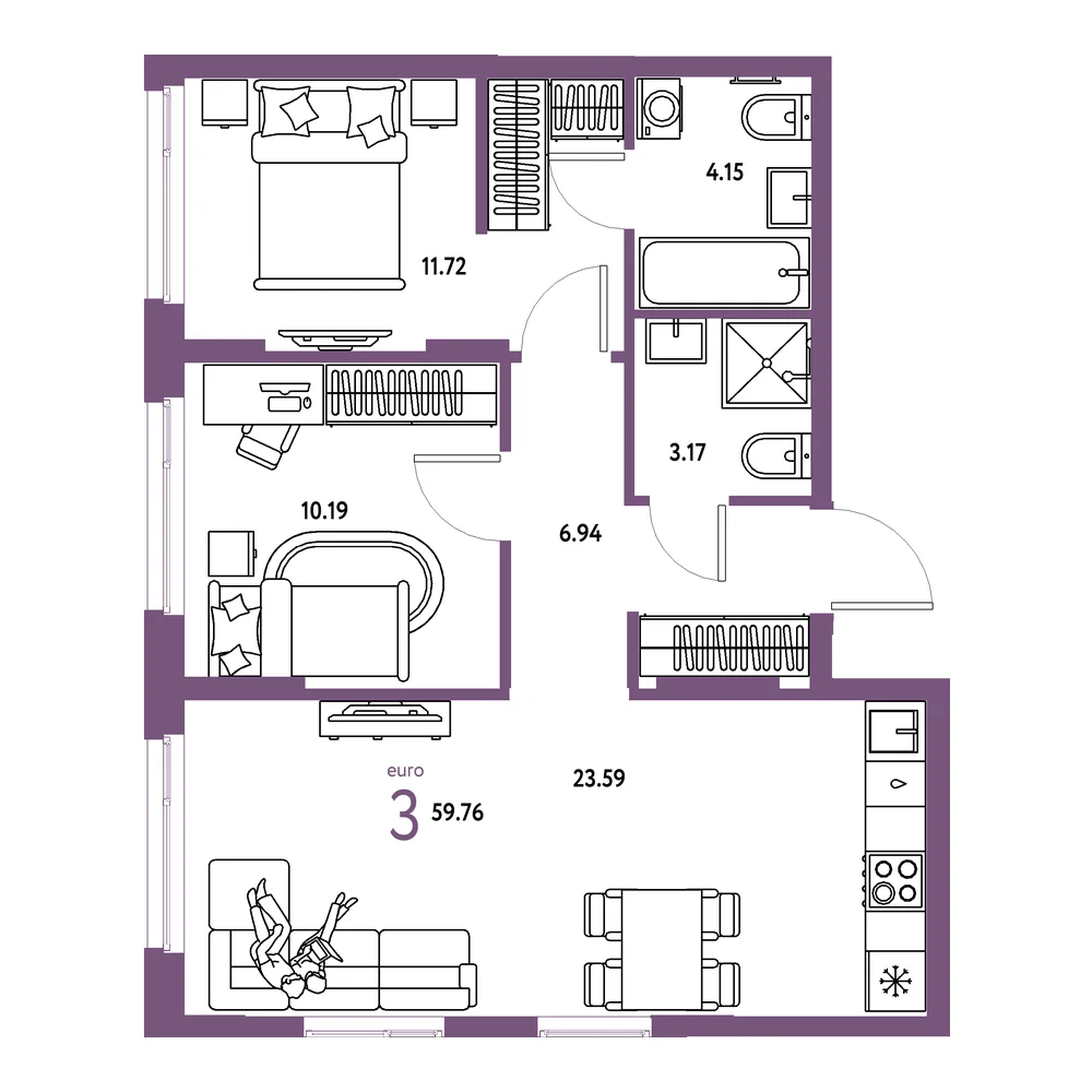 Планировка: Европейский берег 2.0 3-комнатная 59,76м²