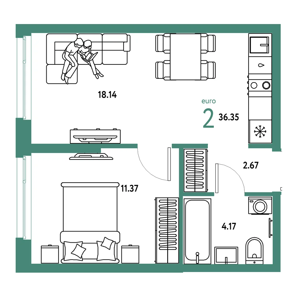 Планировка: Европейский берег 2.0 2-комнатная 36,35м²
