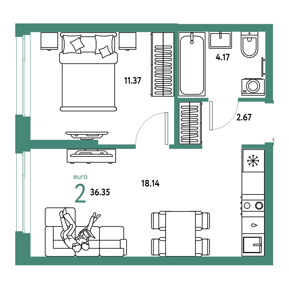 Планировка: Европейский берег 2.0 2-комнатная 36,35м²