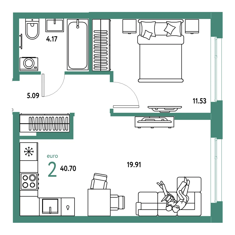 Планировка: Европейский берег 2.0 2-комнатная 40,70м²