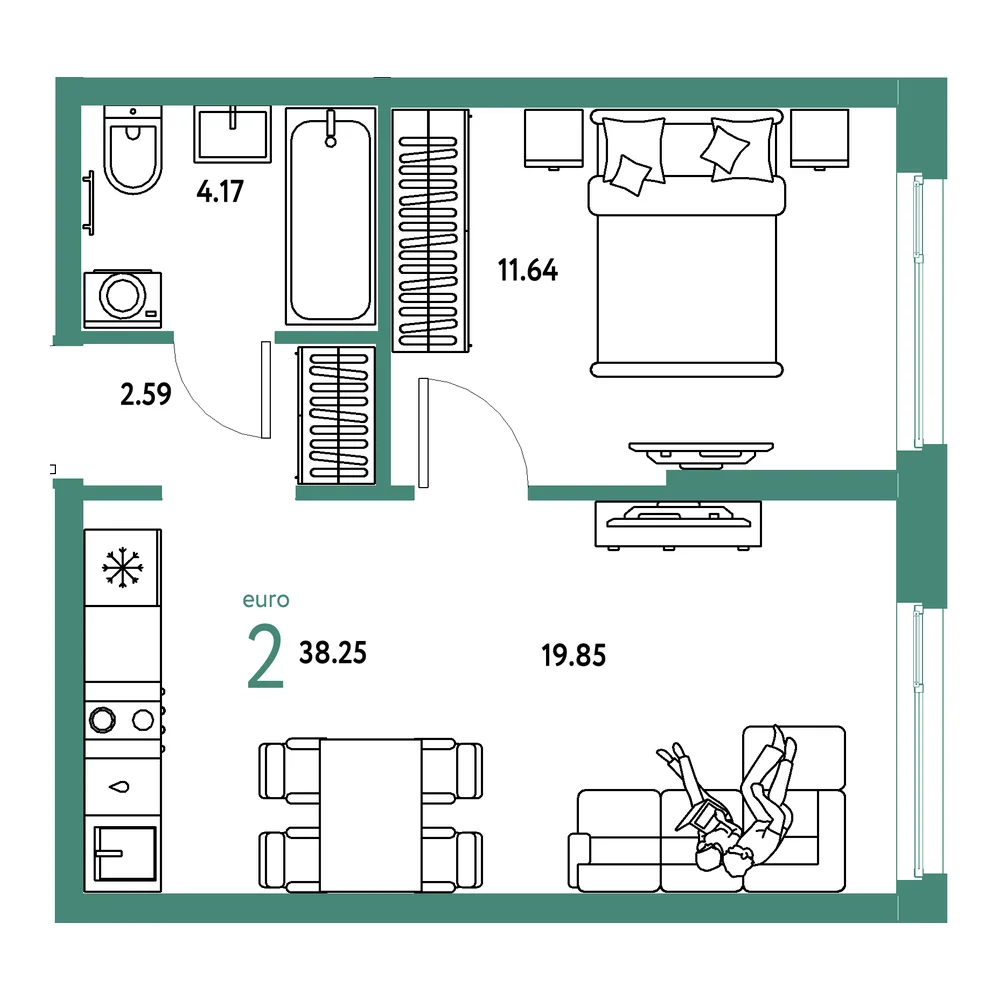 Планировка: Европейский берег 2.0 2-комнатная 38,25м²
