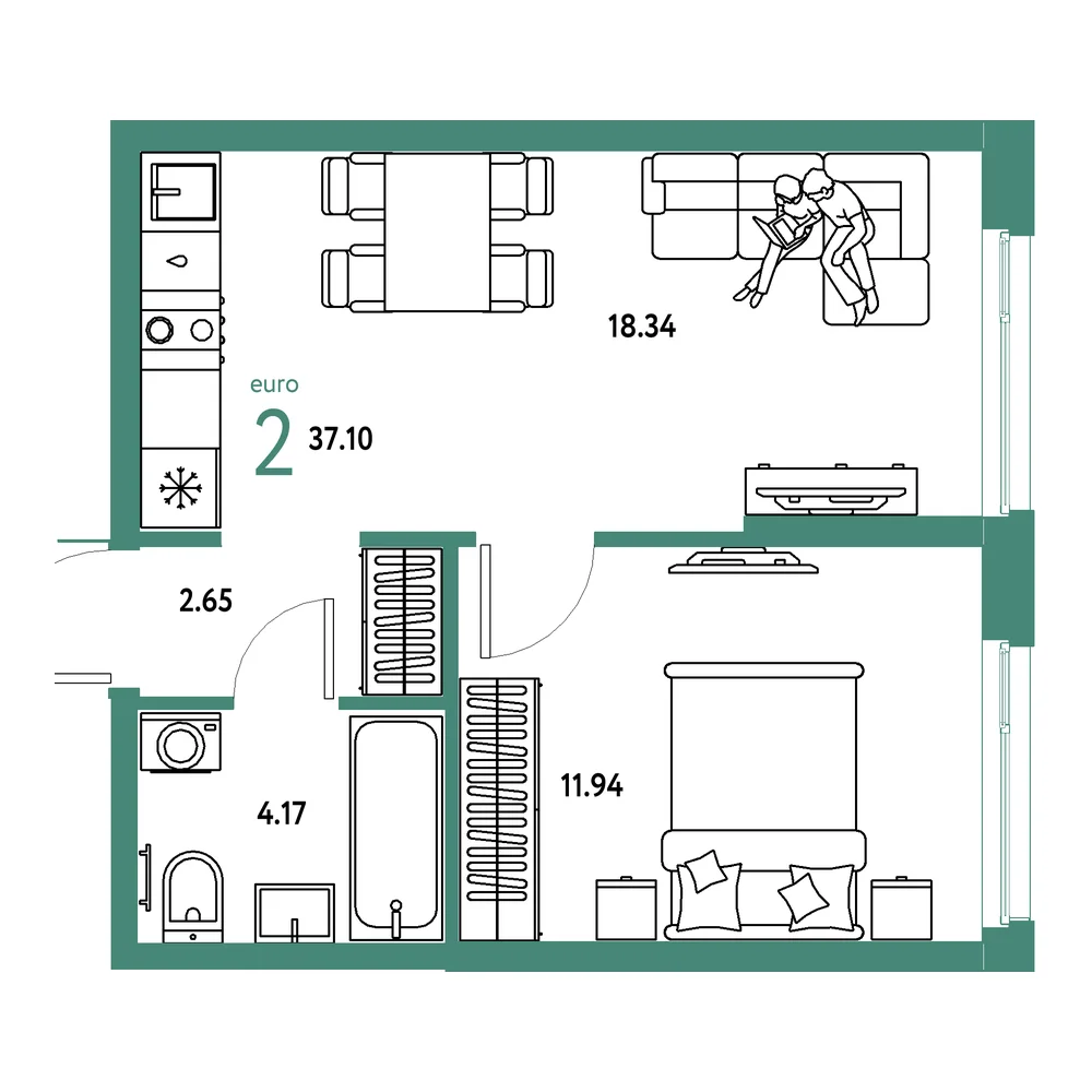 Планировка: Европейский берег 2.0 2-комнатная 37,10м²