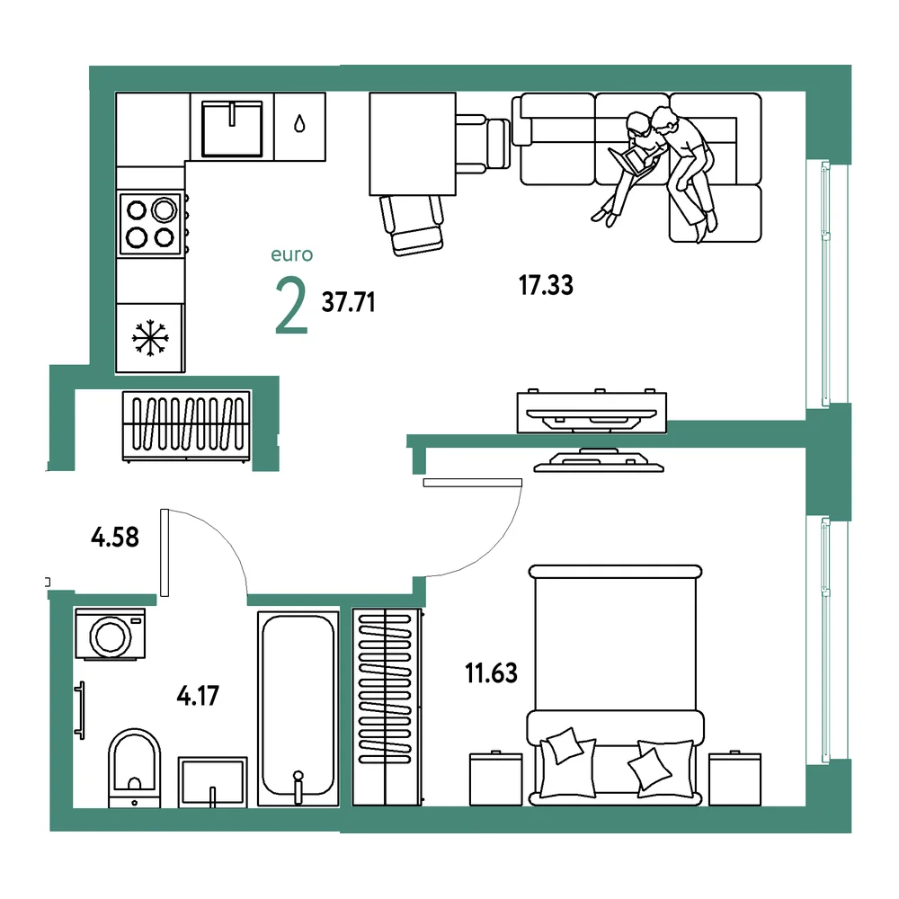 Планировка: Европейский берег 2.0 2-комнатная 37,71м²