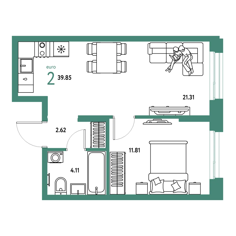 Планировка: Европейский берег 2.0 2-комнатная 39,85м²
