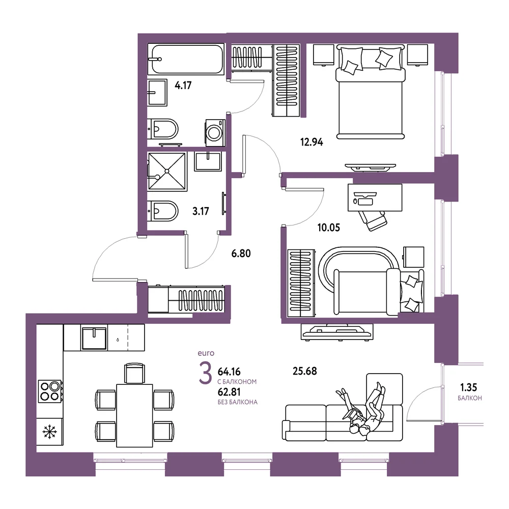 Планировка: Европейский берег 2.0 3-комнатная 64,16м²