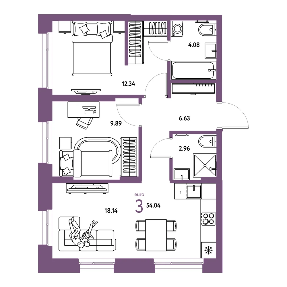 Планировка: Европейский берег 2.0 3-комнатная 54,04м²