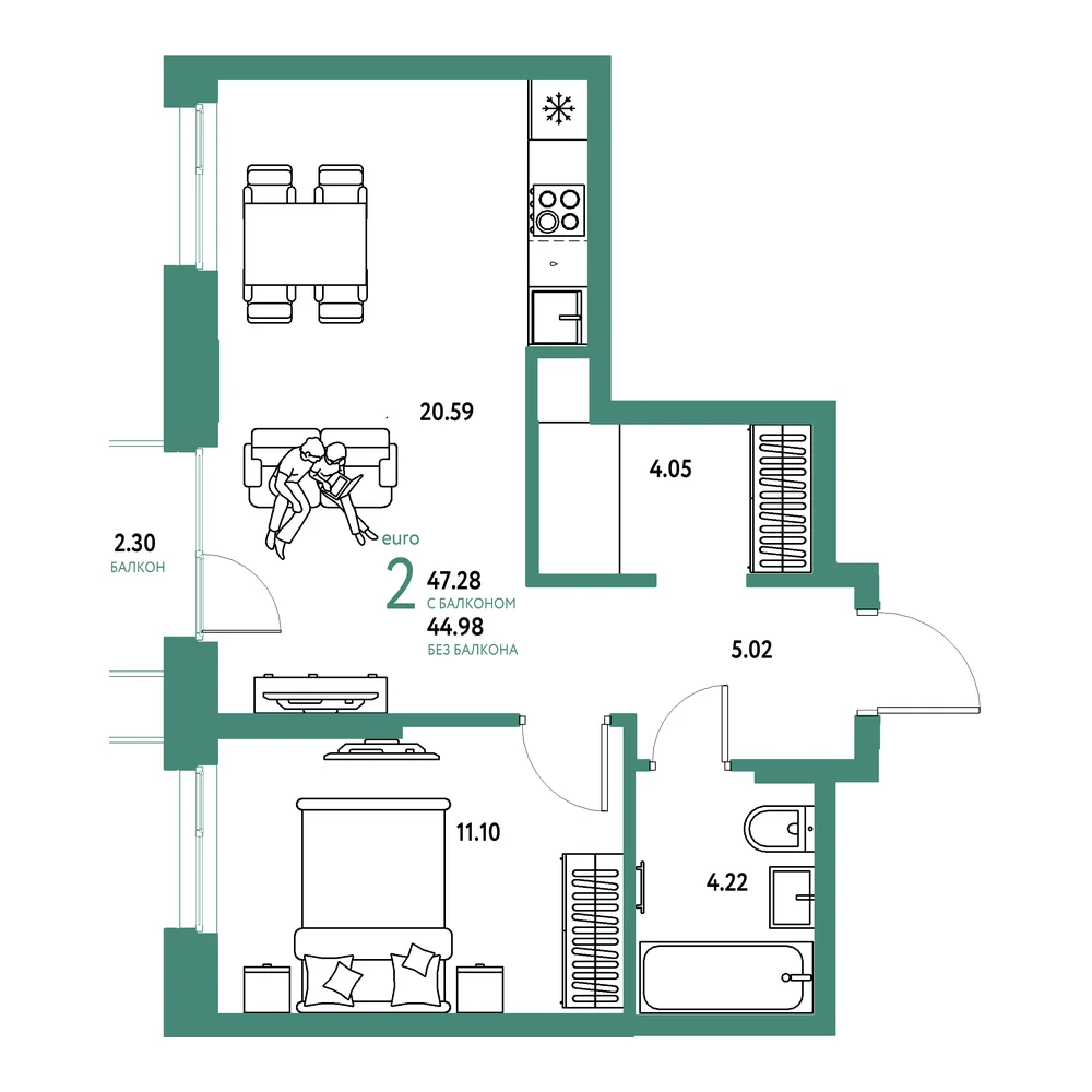 Планировка: Европейский берег 2.0 2-комнатная 47,28м²
