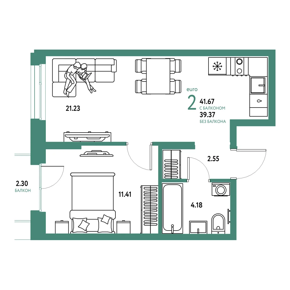 Планировка: Европейский берег 2.0 2-комнатная 41,67м²