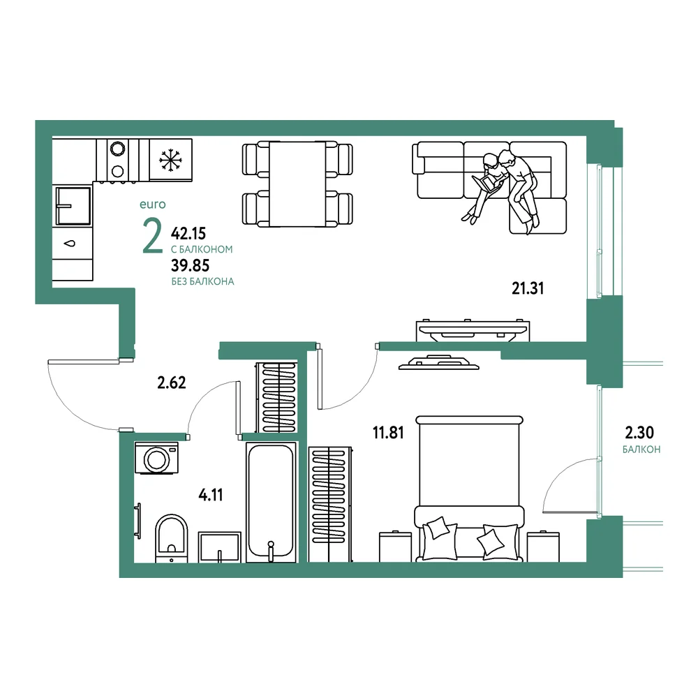 Планировка: Европейский берег 2.0 2-комнатная 42,15м²
