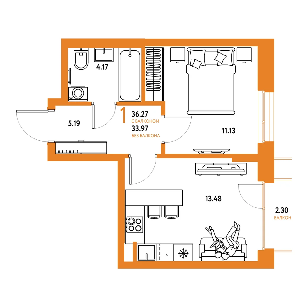 Планировка: Европейский берег 2.0 1-комнатная 36,27м²