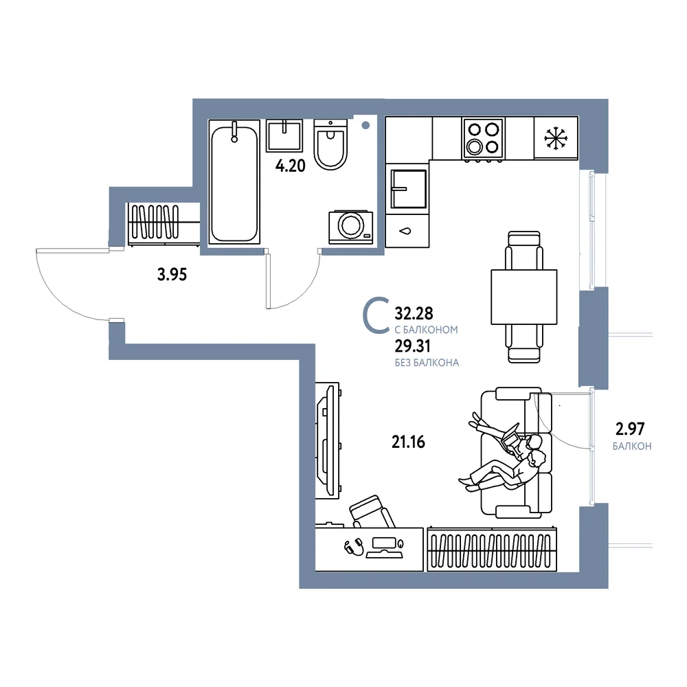 Планировка: Европейский берег 2.0 Студия 32,28м²