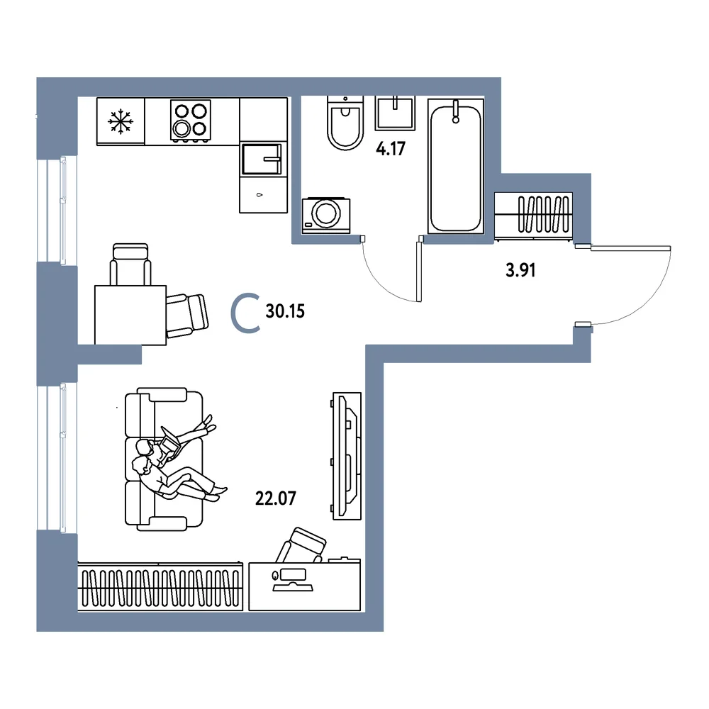 Планировка: Европейский берег 2.0 Студия 30,15м²