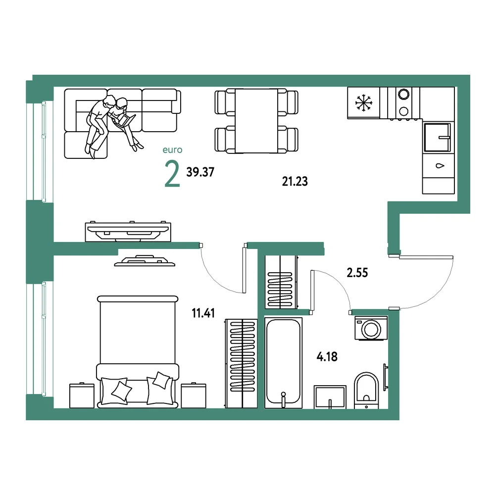 Планировка: Европейский берег 2.0 2-комнатная 39,37м²