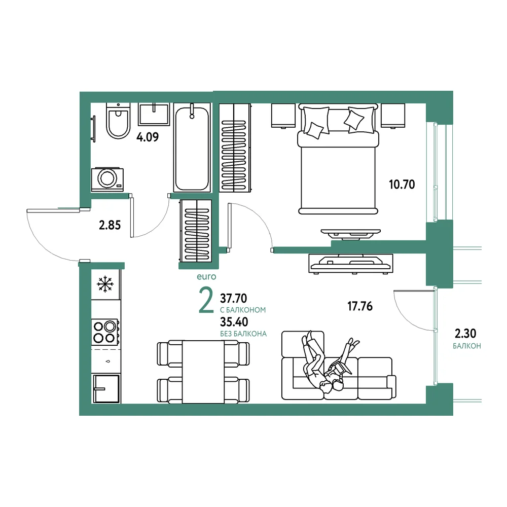 Планировка: Европейский берег 2.0 2-комнатная 37,70м²