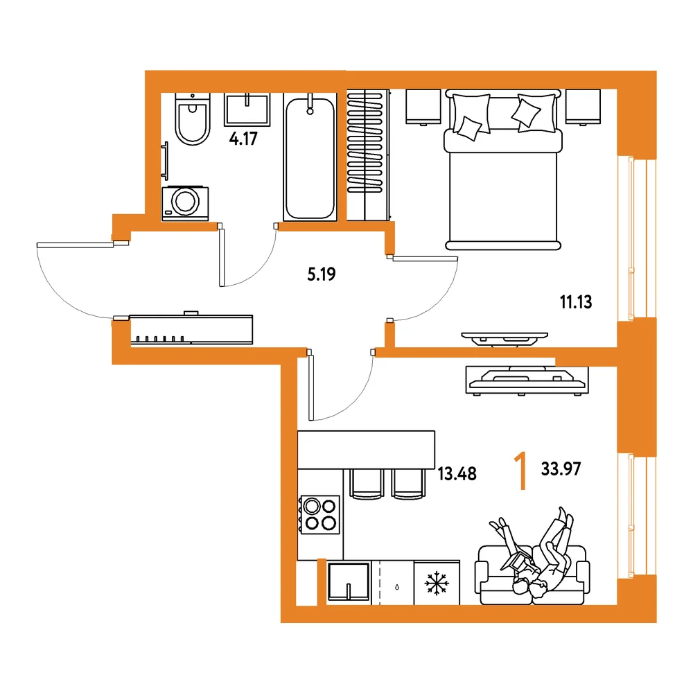 Планировка: Европейский берег 2.0 1-комнатная 33,97м²