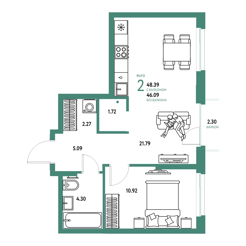 Планировка: Европейский берег 2.0 2-комнатная 48,39м²