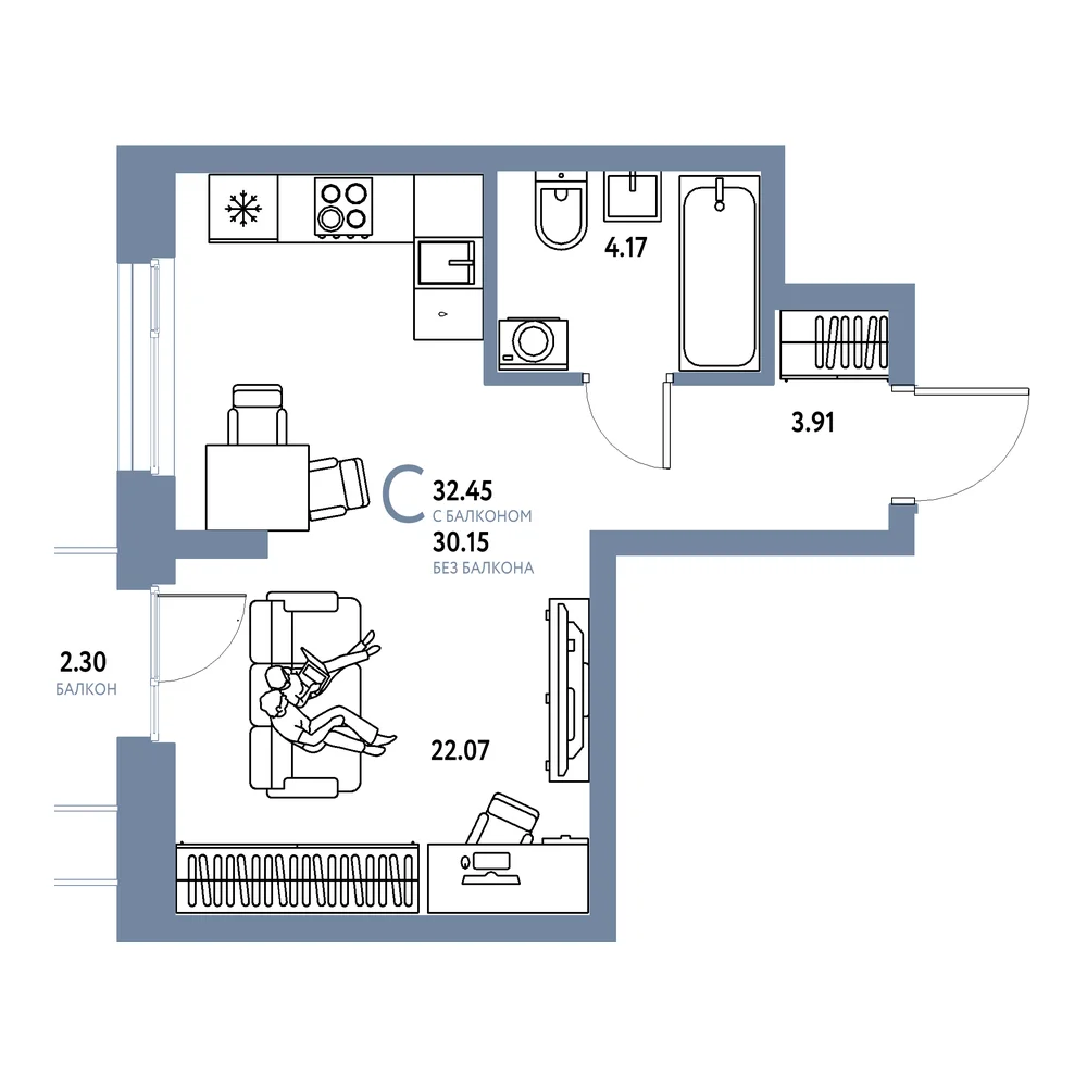 Планировка: Европейский берег 2.0 Студия 32,45м²