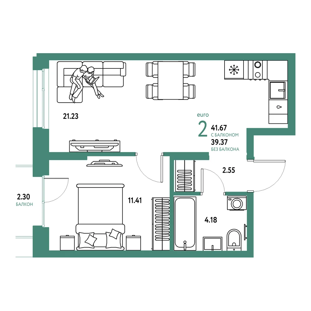 Планировка: Европейский берег 2.0 2-комнатная 41,67м²